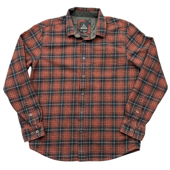 Prana Plaid Flannel Shirt Organic Cotton Metal Buttons Outdoor Cabincore Mens M - Picture 1 of 13